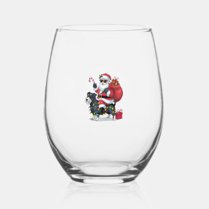 Xmas Lights Funny Santa Riding Border Terrier Dog Stemless Wine Glass