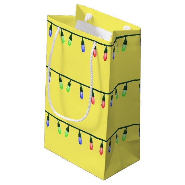 Xmas lights on yellow small gift bag (Back Angled)