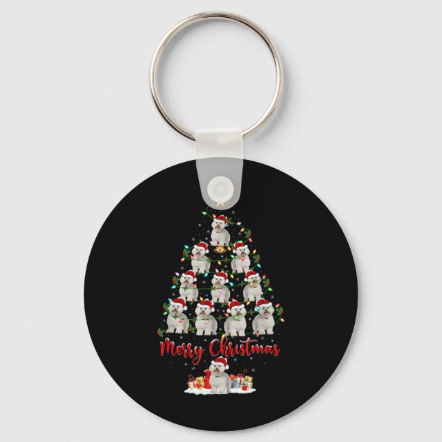 Xmas Lights Santa Bichon Frise Dog Christmas Tree  Key Ring (Front)