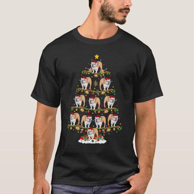 Xmas Lights Santa English Bulldog Christmas Tree T-Shirt (Front)