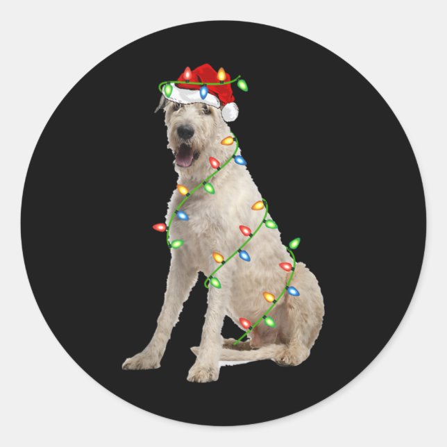 Xmas Lights Santa Hat Irish Wolfhound Dog Christma Classic Round Sticker (Front)