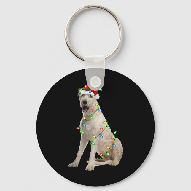 Xmas Lights Santa Hat Irish Wolfhound Dog Christma Key Ring (Front)