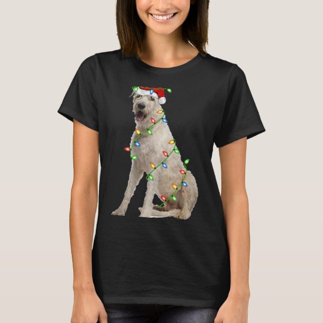 Xmas Lights Santa Hat Irish Wolfhound Dog Christma T-Shirt (Front)