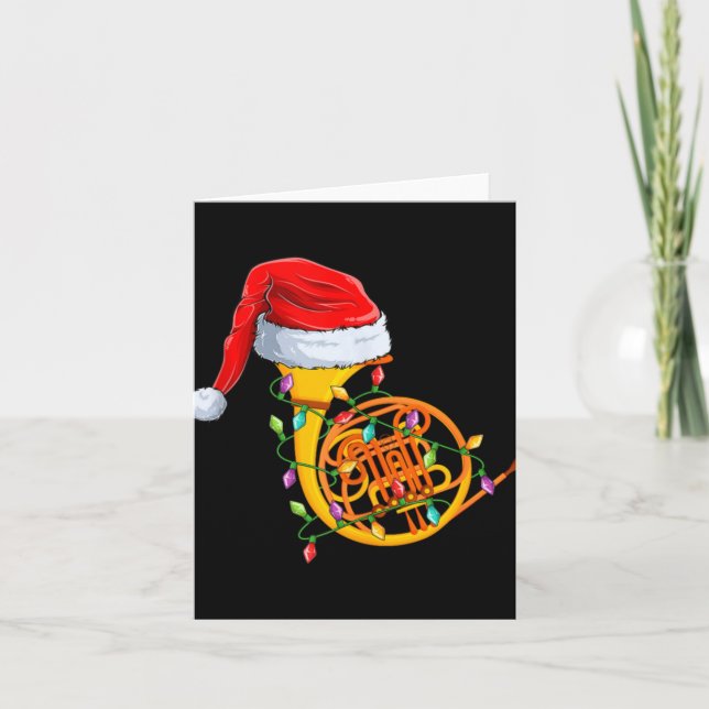 Xmas Lights Santa Hat Musical French Horn Christma Card (Front)
