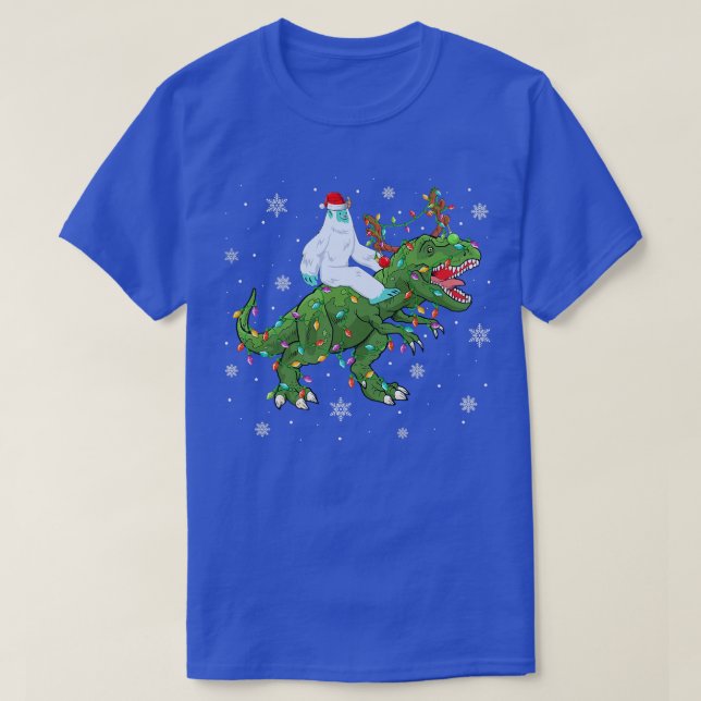 Xmas Lights Santa Yeti Riding Dinosaur Tre Christm T-Shirt (Design Front)
