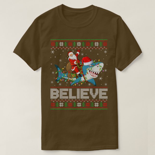 Xmas Lights Shark Believe Ugly Santa Riding Shark  T-Shirt (Design Front)