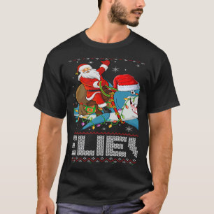 Xmas Lights Shark Believe Ugly Santa Riding Shark  T-Shirt