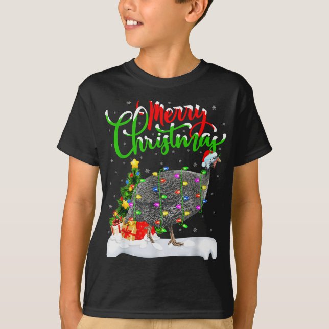 Xmas Lights Tree Santa Guinea Fowl Bird Merry Chri T-Shirt (Front)