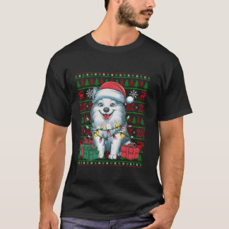 Xmas Lights Ugly Santa Hat American Eskimo Dog Chr T-Shirt