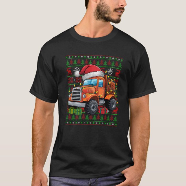 Xmas Lights Ugly Santa Hat Construction Truck Chri T-Shirt (Front)