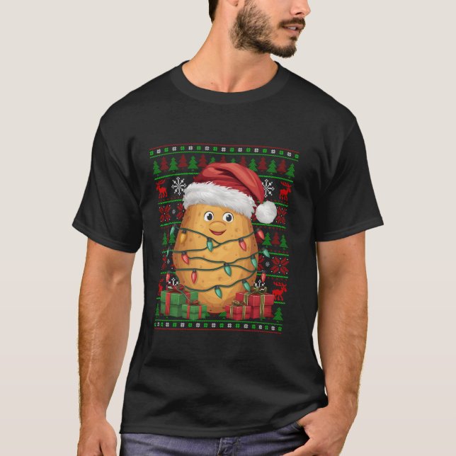 Xmas Lights Ugly Santa Hat Funny Vegetable Potato  T-Shirt (Front)