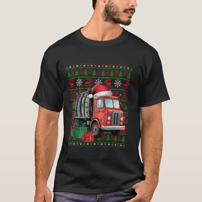 Xmas Lights Ugly Santa Hat Garbage Truck Christmas T-Shirt (Front)