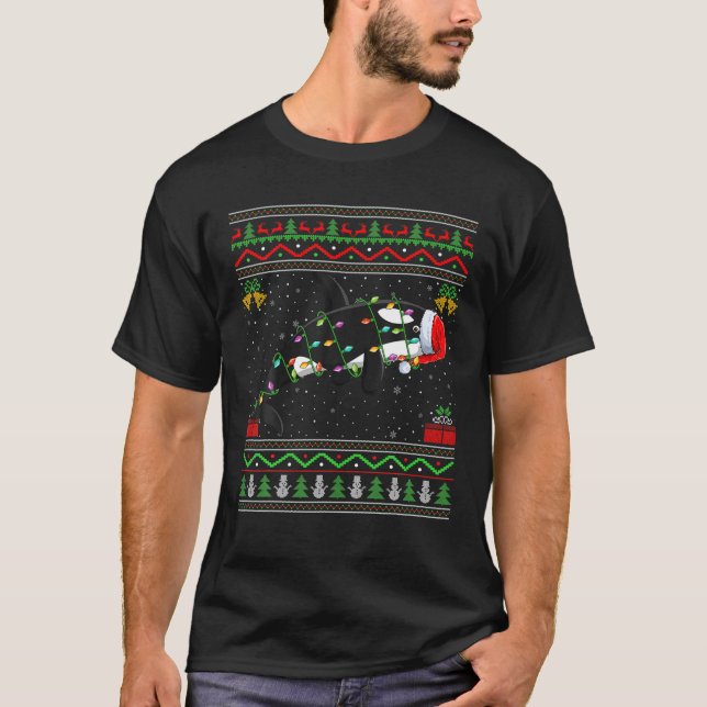 Xmas Lights Ugly Sweater Style Santa Orca Fish Chr (Front)