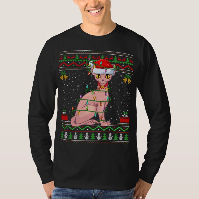 Xmas Lights Ugly Sweater Style Santa Sphynx Cat Ch (Front)
