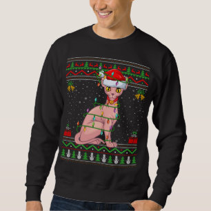 Xmas Lights Ugly Sweater Style Santa Sphynx Cat Ch