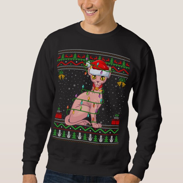 Xmas Lights Ugly Sweater Style Santa Sphynx Cat Ch (Front)