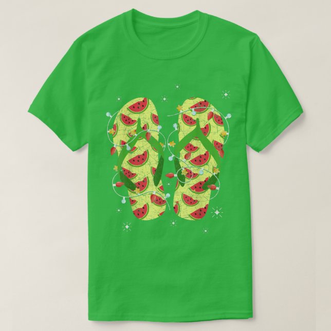 Xmas Lights Watermelon Flip Flops Tropical Christm T-Shirt (Design Front)