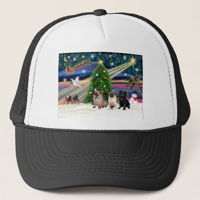 Xmas Magic-3Pugs 2fawn-1blk Trucker Hat (Front)