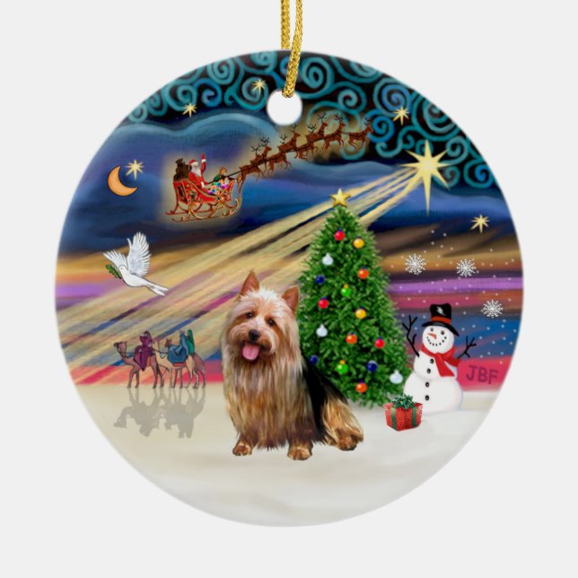 Xmas Magic - Australian Terrier Ceramic Tree Decoration (Front)