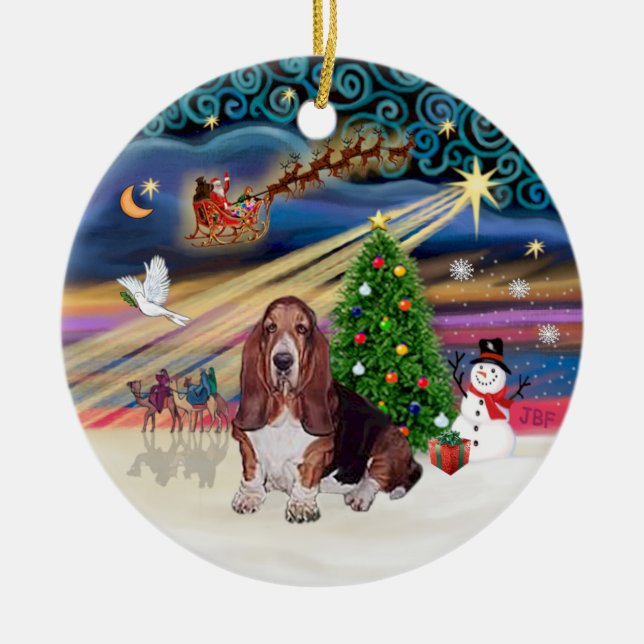 Xmas Magic - Basset Hound Ceramic Tree Decoration (Front)