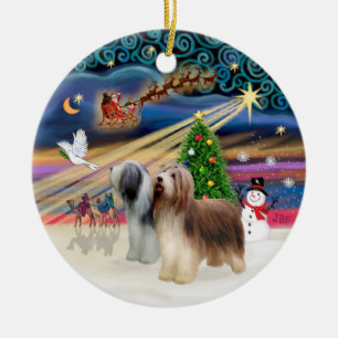 Xmas Magic - Bearded Collie (two standing) Ceramic Tree Decoration