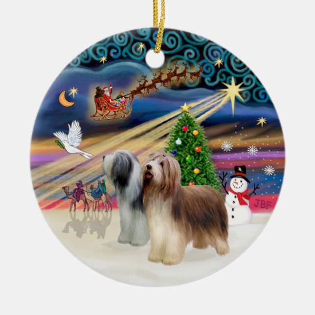 Xmas Magic - Bearded Collie (two standing) Ceramic Tree Decoration (Front)