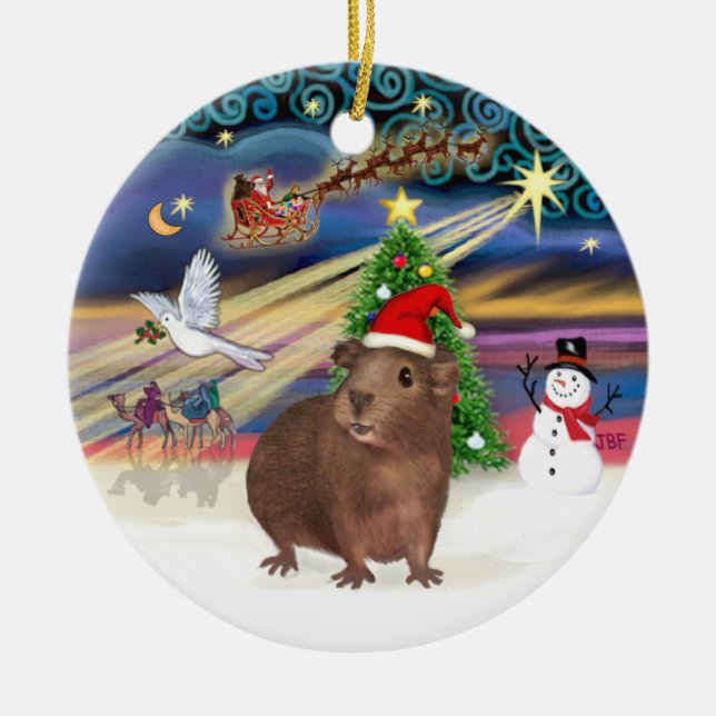 Xmas Magic - Brown Guinea Pig (Santa hat) Ceramic Tree Decoration (Front)