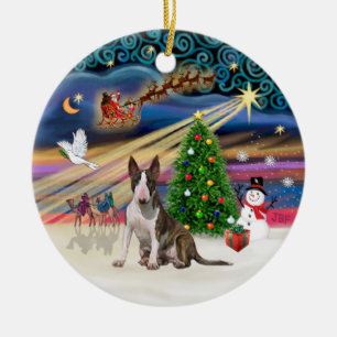 Xmas Magic - Bull Terrier (brindle-white0 Ceramic Tree Decoration