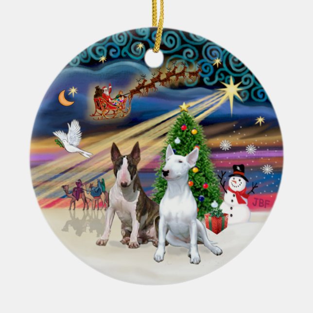 Xmas Magic - Bull Terriers (two) Ceramic Tree Decoration (Front)