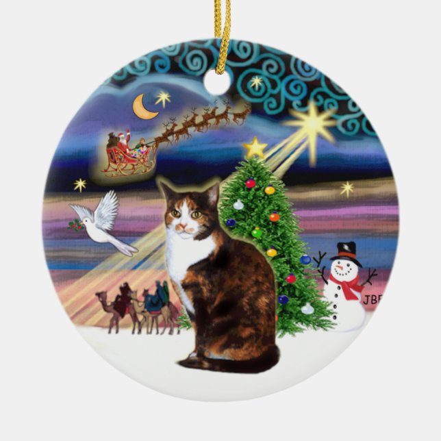 Xmas Magic - Calico cat (ASH) Ceramic Tree Decoration (Front)