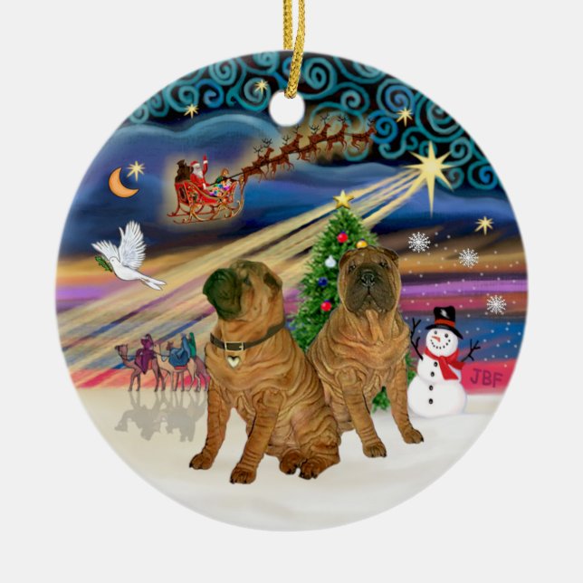 Xmas Magic - Chinese Shar Pei (TWO) Ceramic Tree Decoration (Front)