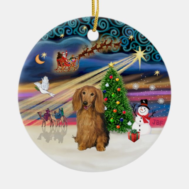 Xmas Magic - Dachshund (Lg Haired Sable) Ceramic Tree Decoration (Front)