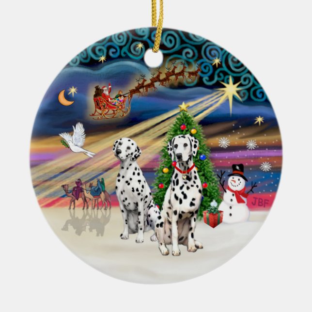 Xmas Magic - Dalmatians (two) Ceramic Tree Decoration (Front)