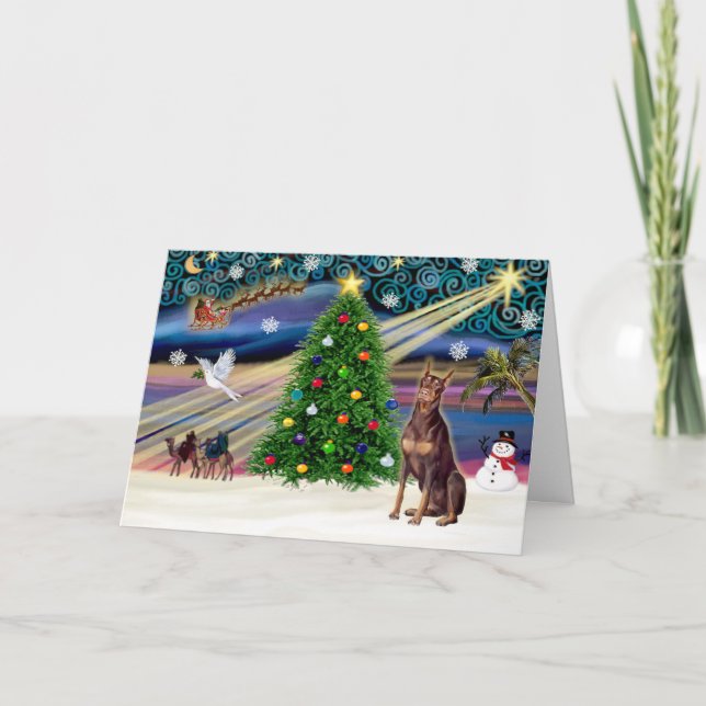 Xmas Magic-Doberman Red1 Holiday Card (Front)