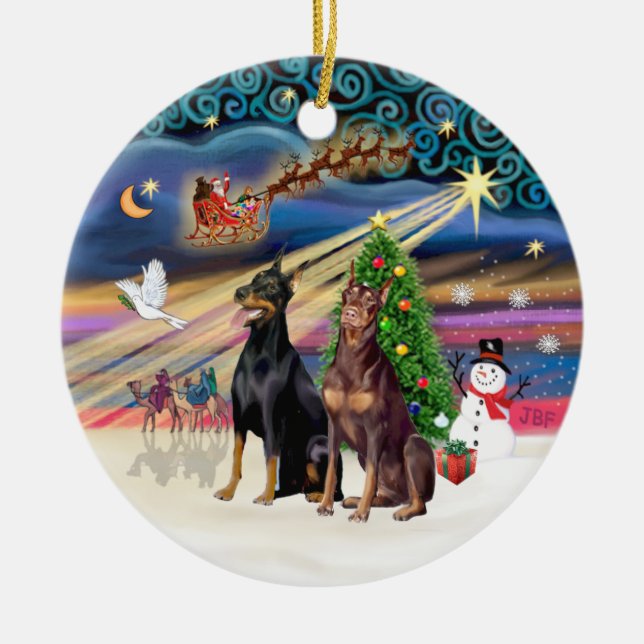 Xmas Magic - Dobermans (TWO-Blk-Red) Ceramic Tree Decoration (Front)