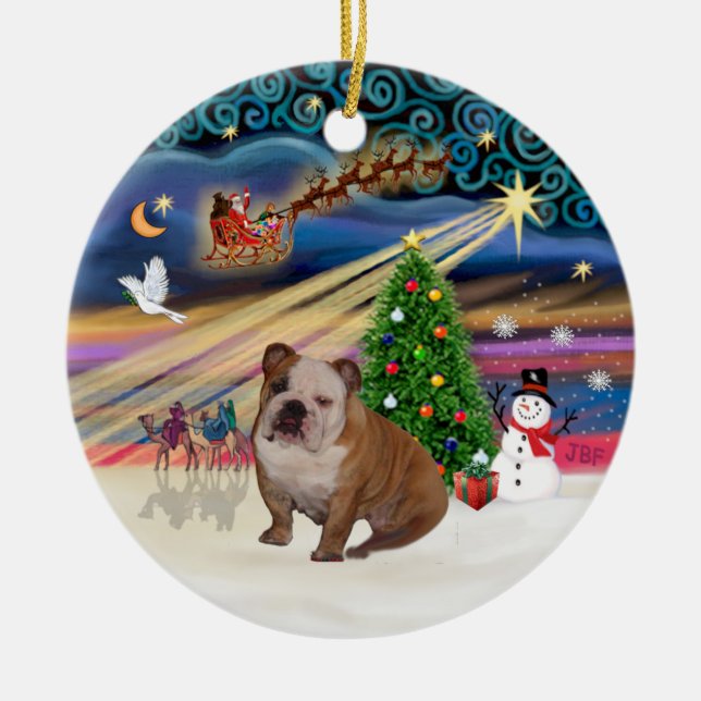 Xmas Magic - English Bulldog 1 (brown-cream) Ceramic Tree Decoration (Front)