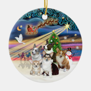 Xmas Magic - Five Welsh Corgis Ceramic Tree Decoration
