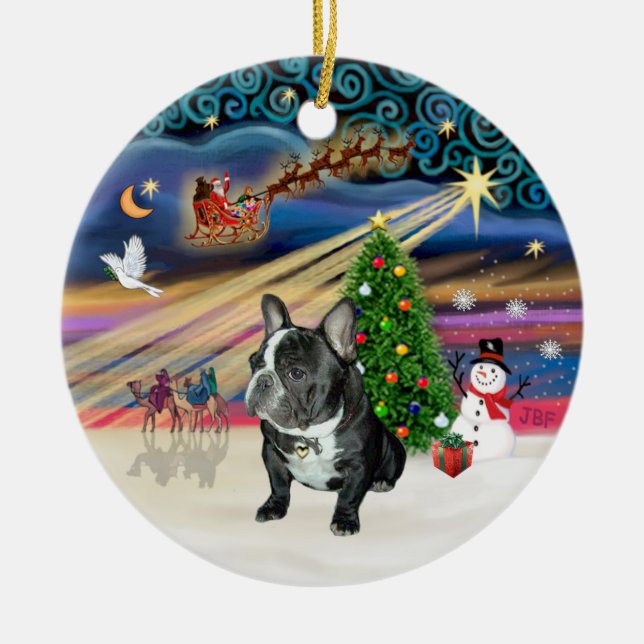 Xmas Magic - French Bulldog (black-white) Ceramic Tree Decoration (Front)