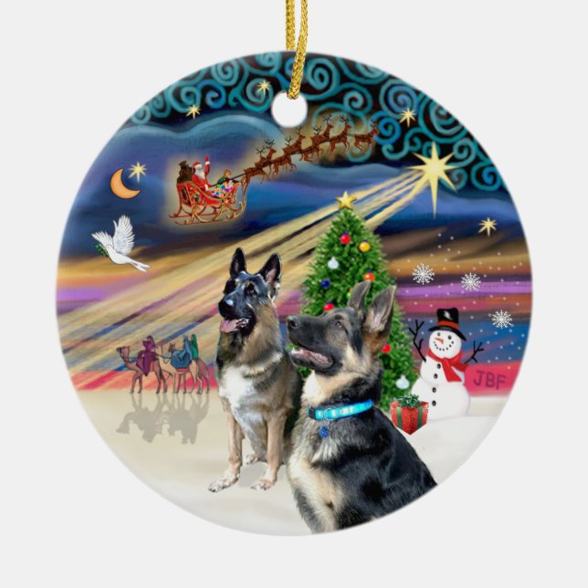 Xmas Magic - German Shepherds (two-2) Ceramic Tree Decoration (Front)