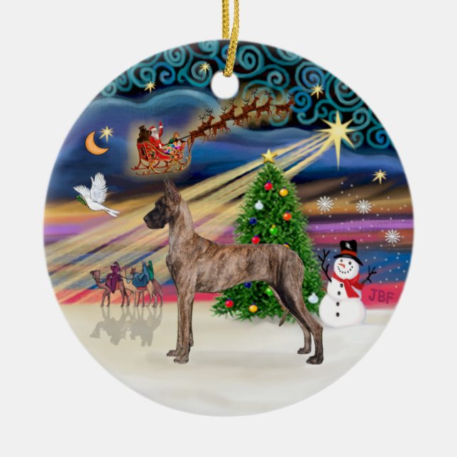Xmas Magic - Great Dane (brindle stand) Ceramic Tree Decoration (Front)
