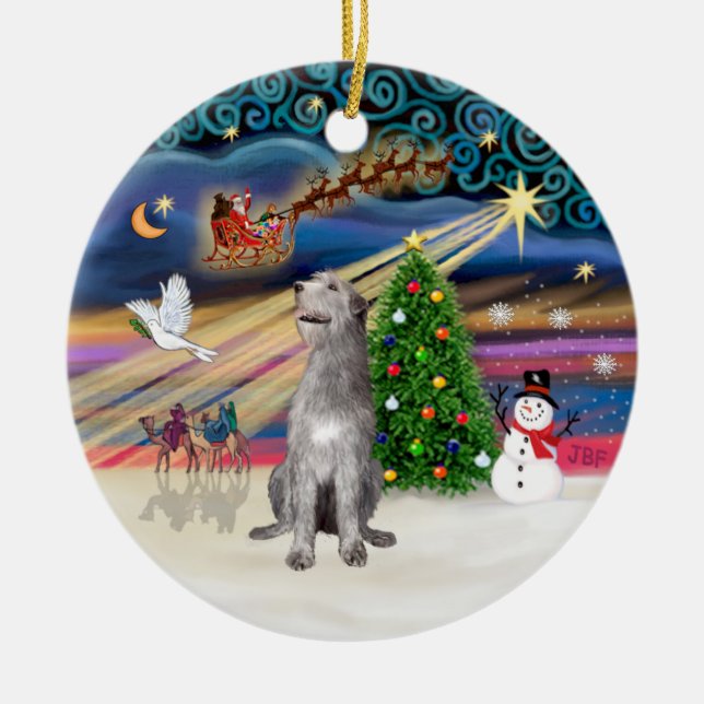 Xmas Magic - Irish Wolfhound Ceramic Tree Decoration (Front)