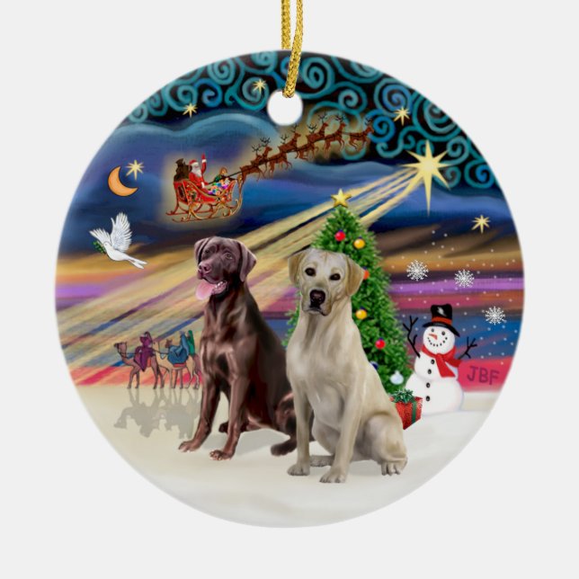 Xmas Magic - Labradors (Choc-Yellow) Ceramic Tree Decoration (Front)
