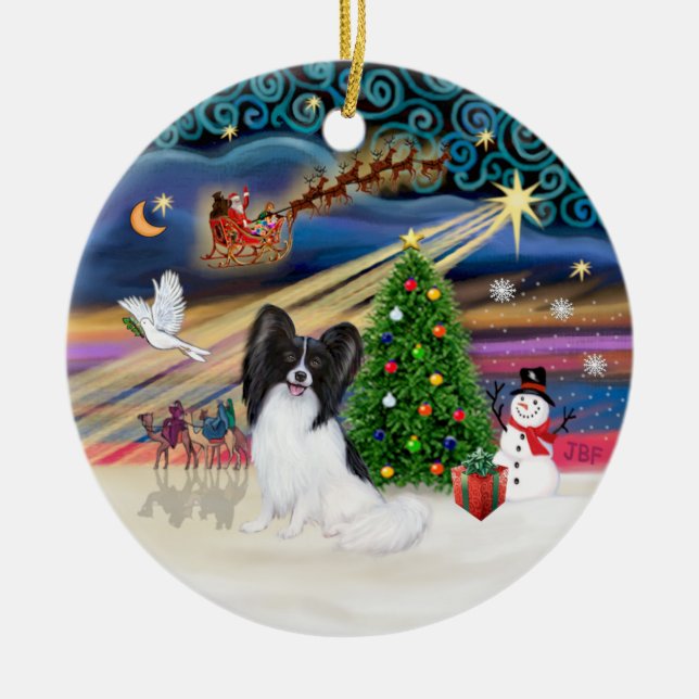Xmas Magic - Papillion (black-white) Ceramic Tree Decoration (Front)