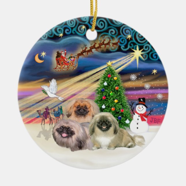 Xmas Magic - Pekingese (Three) Ceramic Tree Decoration (Front)