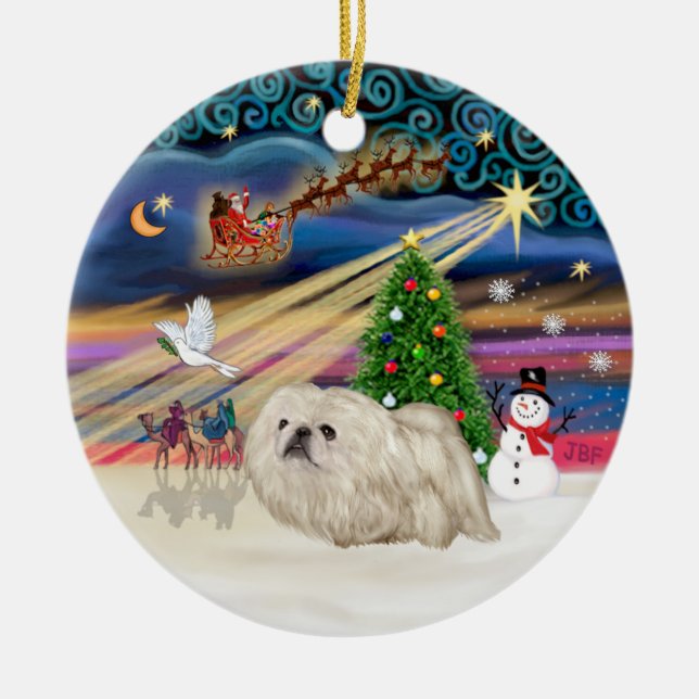 Xmas Magic - Pekingese (white) Ceramic Tree Decoration (Front)