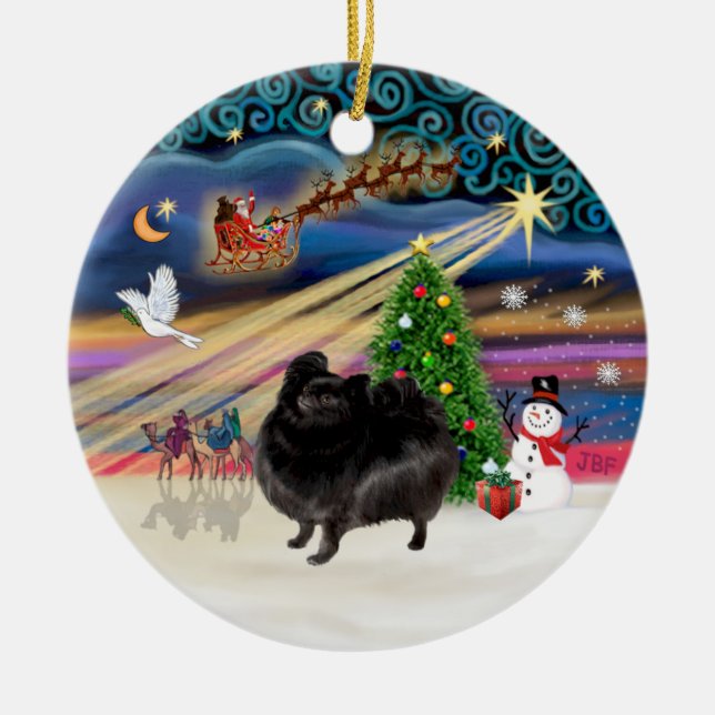 Xmas Magic - Pomeranian (black stand) Ceramic Tree Decoration (Front)