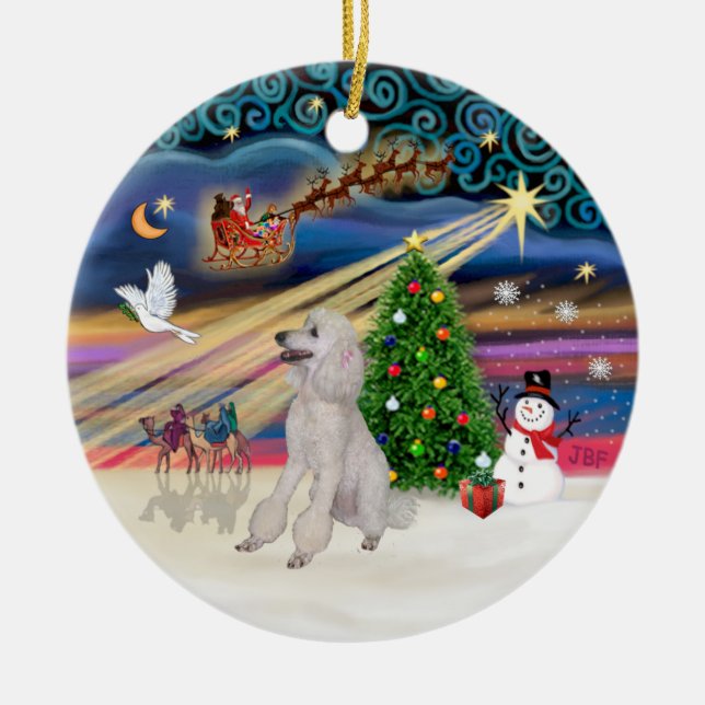 Xmas Magic - Poodle (Standard white, ribbons) Ceramic Tree Decoration (Front)