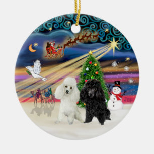 Xmas Magic - Poodles (TWO toy-BW) Ceramic Tree Decoration