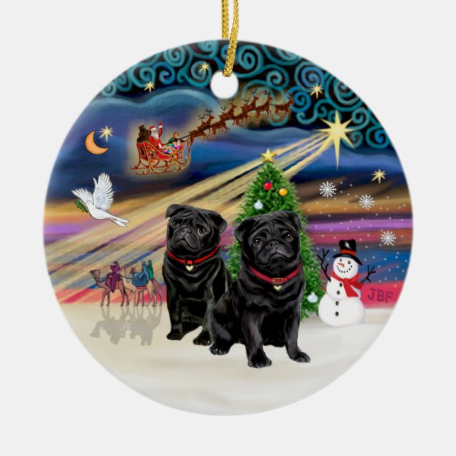 Xmas Magic - Pugs (TWO black) Ceramic Tree Decoration (Front)