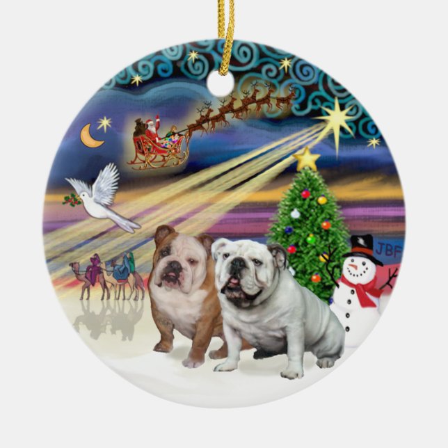 Xmas Magic (R) - Two English Bulldogs Ceramic Tree Decoration (Front)